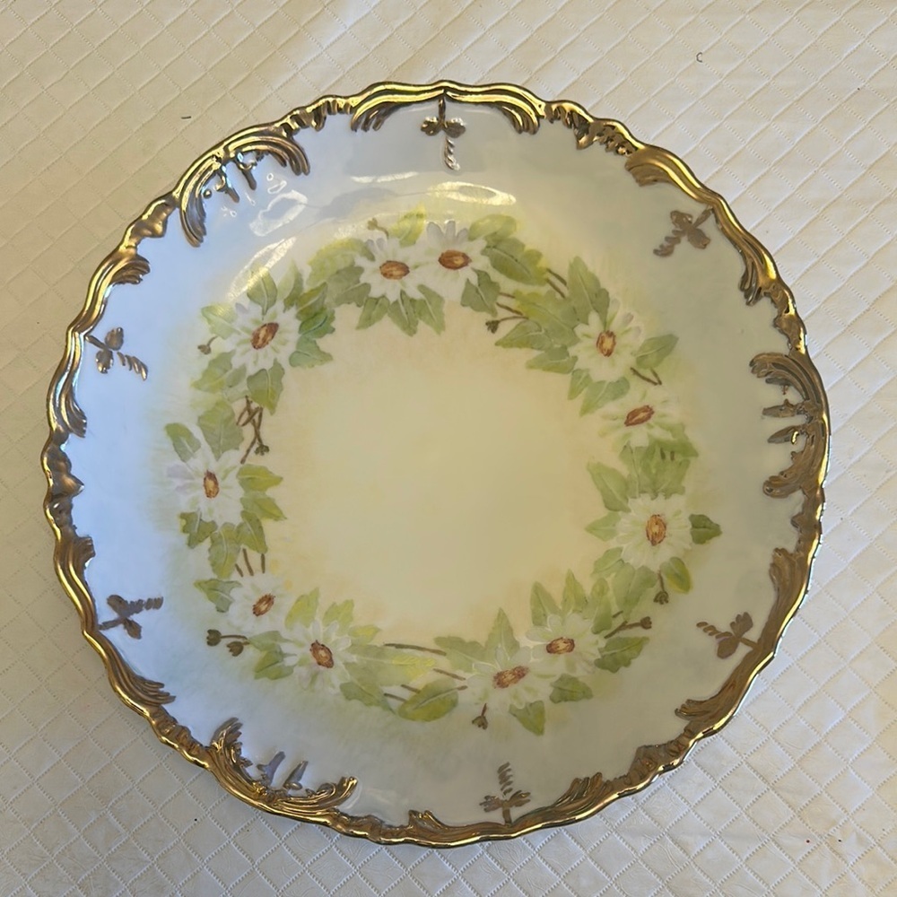 EMC 1973 VTG Elegant Hand Painted Gold Edges& Green&White Floral Porcelain Plate